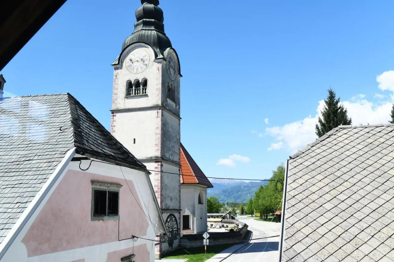 Zvonik cerkve Marijinega vnebovzetja z uro in rožnata hiša, pogled čez strehe